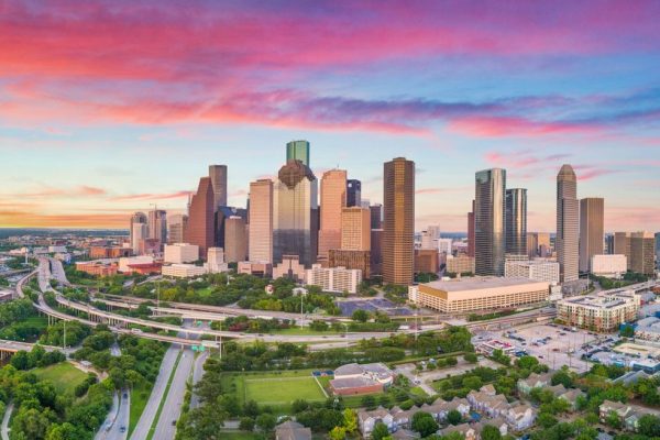 downtown houston, texas, usa drone skyline aerial panorama